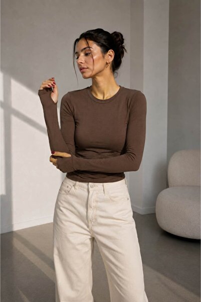 bb butik basic Soft Touch Finger-Loop Long Sleeve Basic Blouse St3439