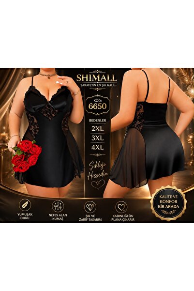 Kadın Büyük Beden Siyah Dantelli Saten Gecelik Babydoll 2XL 3XL 4XL Transparan Detaylı 6650