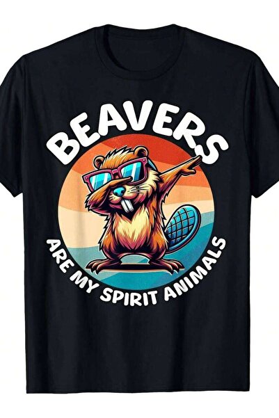 Generic Graphic T-Shirt Spirit Animal With Beaver Print, Round Neck Casual Sh...