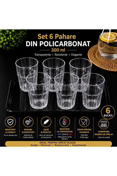 POLIGLOW Set 6 pahare din policarbonat 300 ml – Transparente, Rezistente la i...