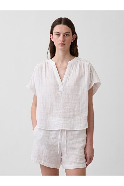 GAP Kadın Beyaz Pamuk Gauze Oversized Split-Neck Üst