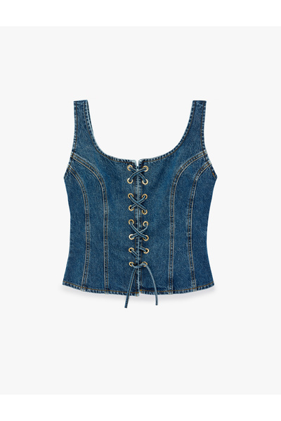 Koton Lace Detailed Slim Fit Cotton U-Neck Sleeveless Denim Corset Blouse