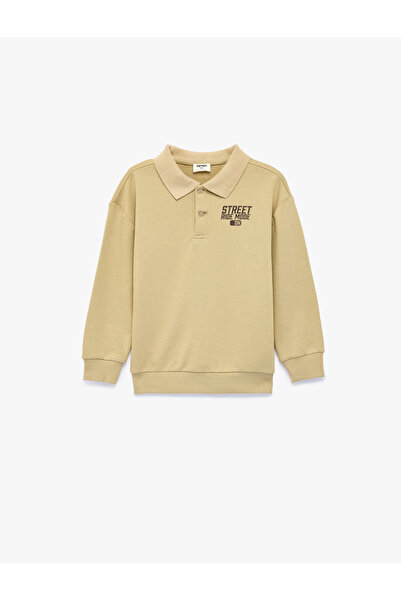 Koton Button Detailed Printed Long Sleeve Polo Collar Sweatshirt
