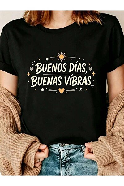 26LIK Casual Style Women's T-Shirt Buenos Dias Buenas Vibras Graphic Tee Summ...