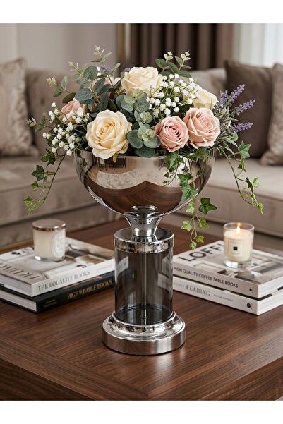 Generic Brand Silver Plated Metal Vase with Glass Detail Luxury Living Room D...