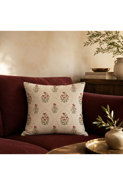 Bordo Çiçekli Madalyon Desenli Boho Vintage Kırlent Kılıfı 43x43 cm - Bordo-Krem Dekoratif Yastık Kılıfı