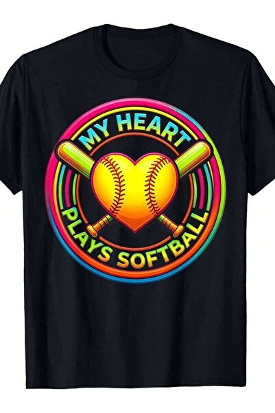25W تي شيرت بتصميم جرافيكي من My Heart Plays Softball Mom