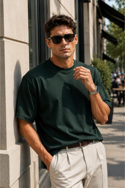 Rich Men's Dark Green Mercerized Interlock Fabric Oversize T-Shirt