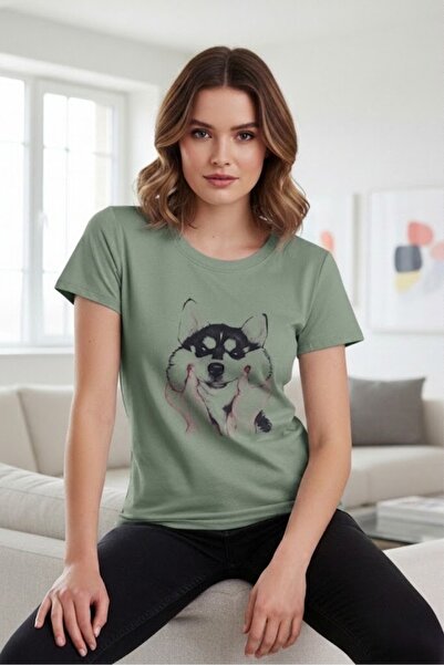 OEM Tricou casual de damă cu imprimeu cățeluș husky, decolteu rotund și mânec...