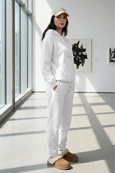 NO 601 Women's White Hooded Sweatpants Set with White Cuffs and Rubber Detailing