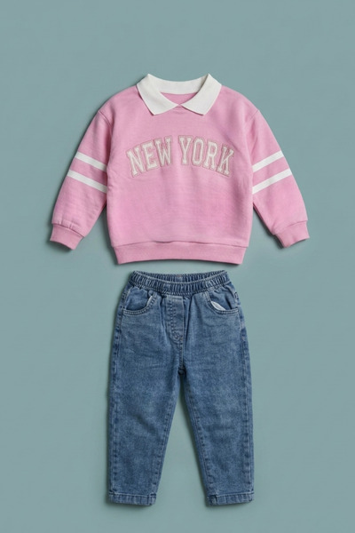 zumino Girl's Polo Collar Sweatshirt and Jean Pants Set