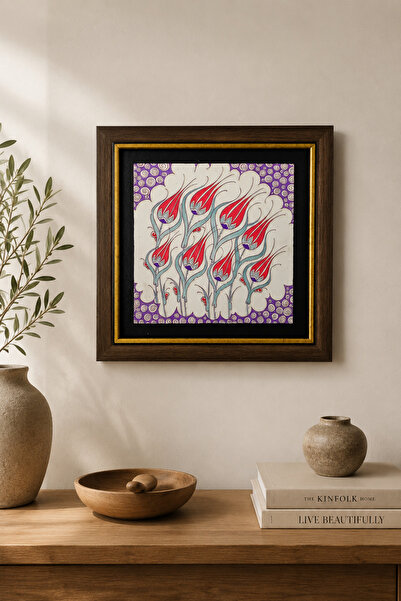 Doğal Taş Çerçeveli Lale Desenli Çini Tablo 30x30