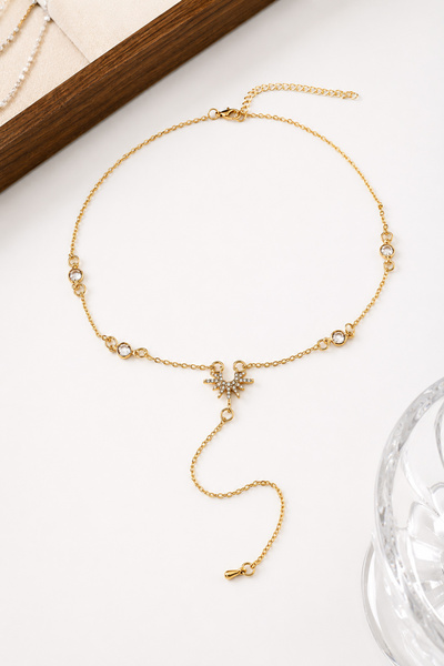 TREND COLLECTİON Kadın Gold Taşlı Güneş Kolye – Sallantılı Y Zincir Tasarım
