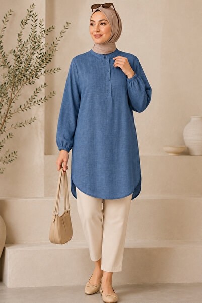 EruZan Women's Half Button Detail High Collar Wide Size Tunic