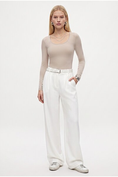 Ritnice Women's Rena Belted Lycra Ecru Palazzo Trousers
