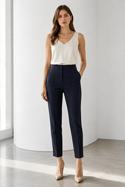 bihan store High Waist Stitching Detailed Ankle Length Women's Fabric Trouser...