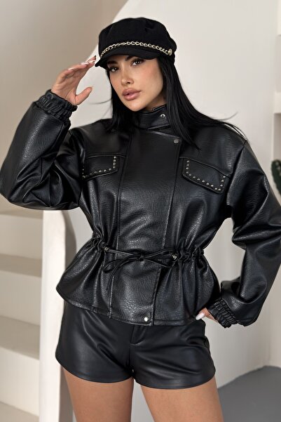 moda armanc Women's Faux Leather Jacket High Collar Stone Detailed Bomber Jac...