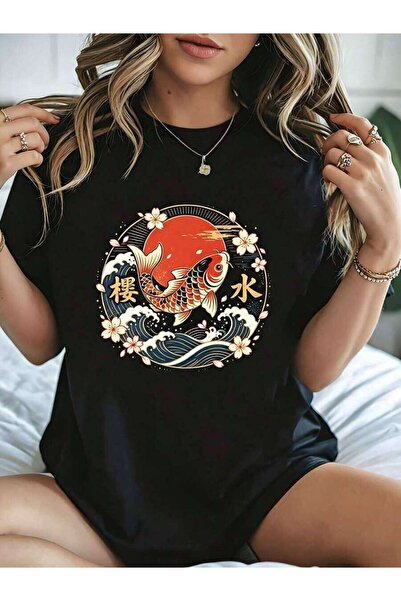 NOURAM Japanese Style Women's T-Shirt Koi Fish And Cherry Blossom Wave Design...