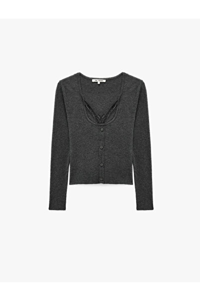 Koton İkili Katmanlı Dantel Detaylı Slim Fit U Yaka Uzun Kollu Düğmeli Triko ...