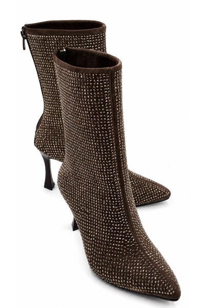 İX Blur Women's Suede Stone Boots - Pointed Toe Stone Embellished Thin Heeled...