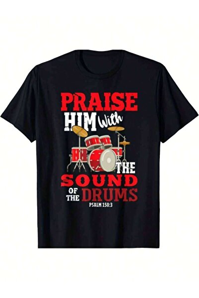 21JNRY Praise Him With Drums Pattern T-Shirt - Black Casual Short Sleeve Adul...