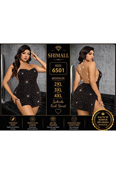 Kadın Büyük Beden Siyah Işıltılı Taşlı Mini Elbise 2XL 3XL 4XL Sırt Dekolteli Zincir Askılı Şık Abiye 6501