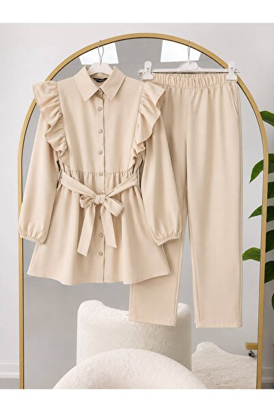 VOLT CLOTHİNG Kadın Fırfır Detaylı Kol Büzgülü Pantolonlu Tesettür Takım