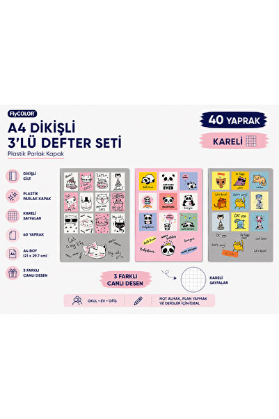 FLY COLOR Dikişli A4 40 Yaprak Kareli Defter Seti Plastik Parlak Kapak Okul D...
