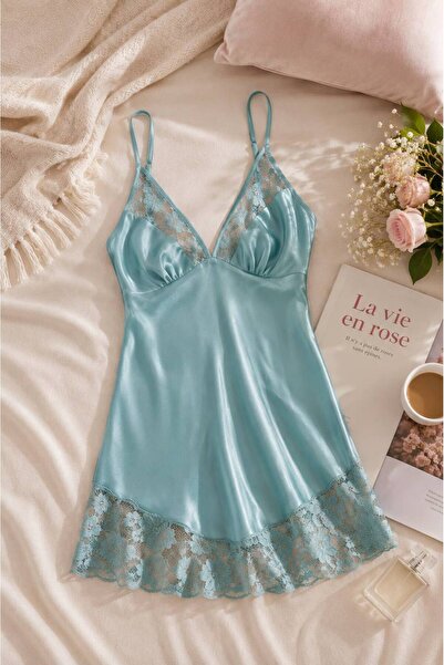 ROZENİN LINGERIE Lace Detailed Satin Strap Soft Textured Nightgown
