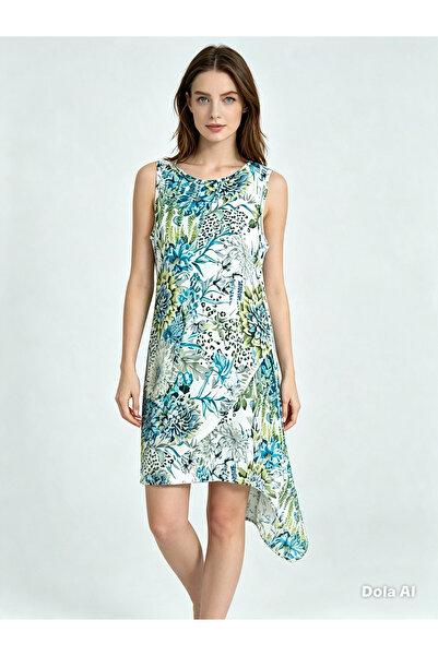 YONCA OUTLET - Asymmetrical Cut Blue Floral Patterned Dress with Slits