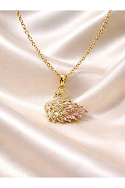 Genel Markalar Kadın pembe kuğulu Pink Swan Taşlı Gümüş Çelik Kolye Kutulu Fiyat
