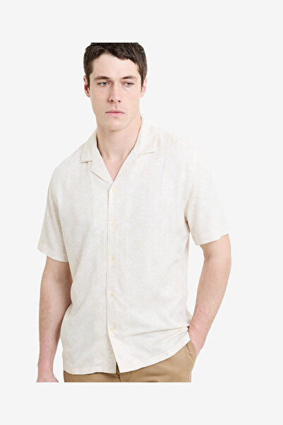 French Connection Men's Cream Wht/Bone Wht Ss Palm Printed Holiday Shirt