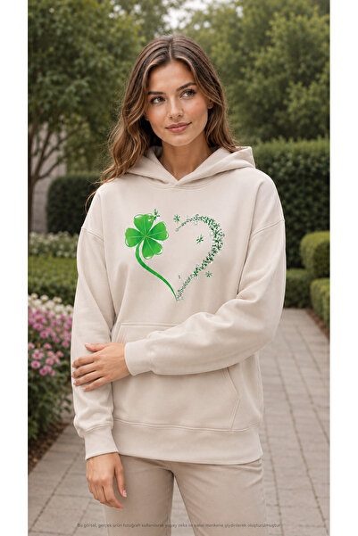 EMMODA Women's Four Leaf Lucky Clover and Floral Heart Print Hooded Kangaroo ...
