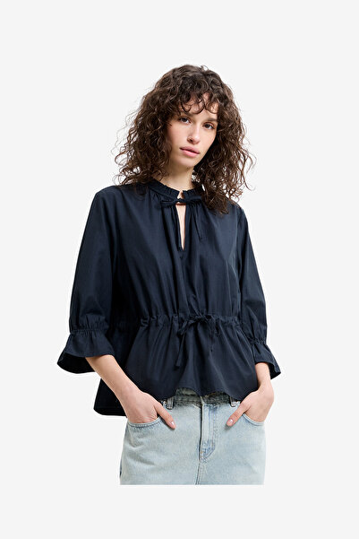 French Connection Women's Navy Era Poplin Ruffle Collar Top
