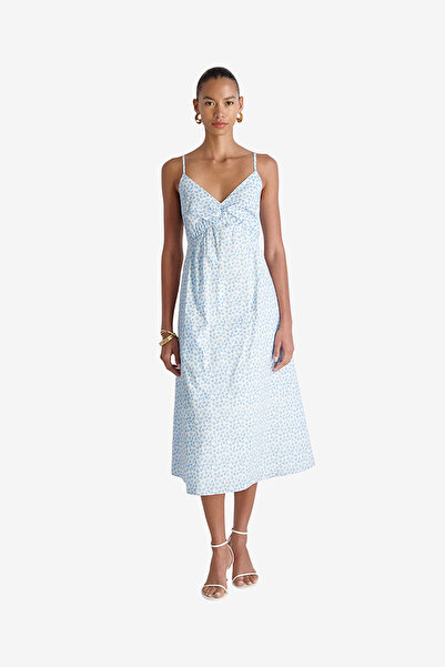 French Connection Women's White-Poolside Blue Rhodes Pop Stacey Flr Midi Dress