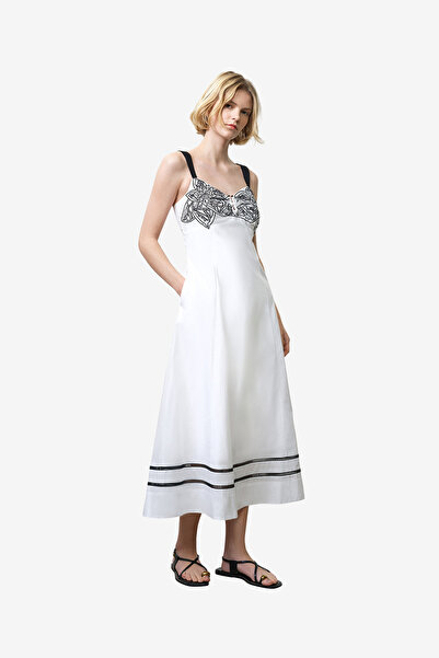 French Connection Women's Linen White/Black Cambria Cotton Bust Midi Dress