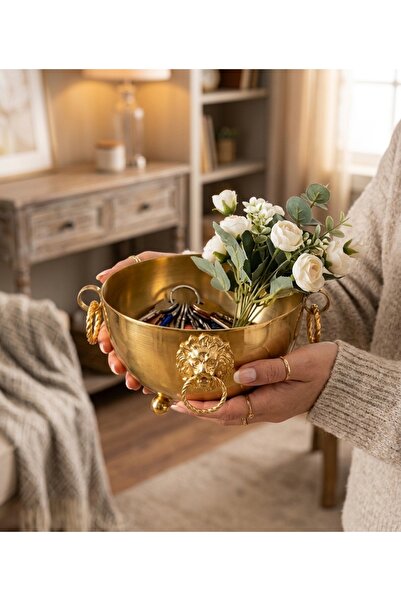 Generic Brand Vazo Dekor Gold Plated Metal Lion Figured Decorative Vase with ...