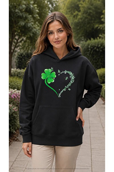 EMMODA Women's Four Leaf Lucky Clover and Floral Heart Print Hooded Kangaroo ...