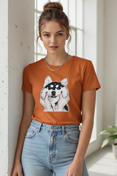 OEM Tricou casual de damă cu imprimeu cu cățeluș husky, decolteu rotund și mâ...