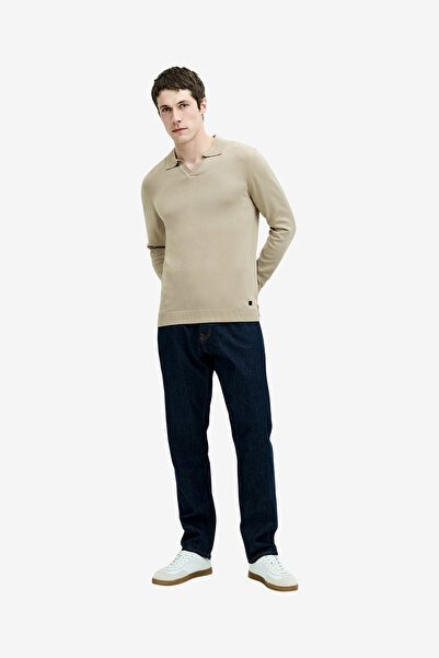 French Connection Men's Open Collar Long Sleeve Stone Knit Top