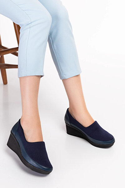 Gondol Genuine Leather Wedge Heel Anatomical Sole Casual Shoes Vdt.590 Navy Blue