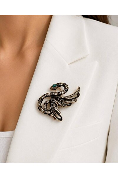 Ceso Accesories Siyah Gold Taşlı Yılan Figürlü Vintage Broş ✨