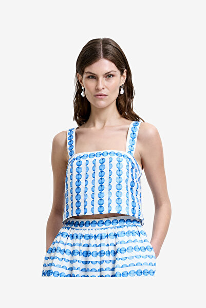 French Connection Women's Structured Taffeta Blue Shell Print Top