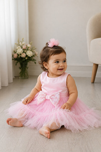 Babyhola Baby Girl Pink Tulle Sequined Bow Detailed Evening Dress 9999