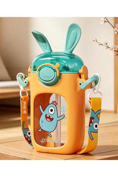 Fab N Funky 380 mL Bunny Ear Themed Monster Print Water Bottle With Carry Str...