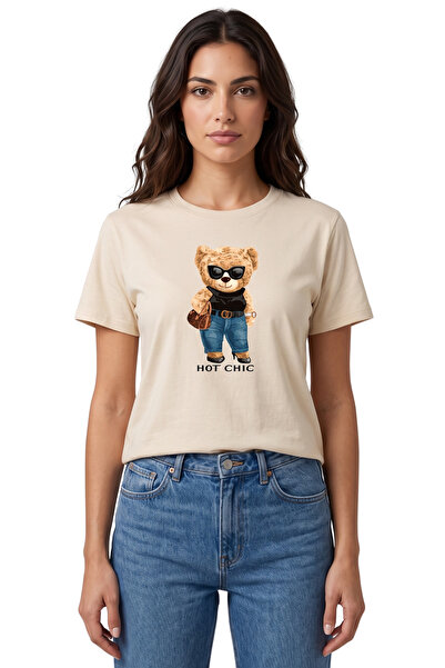 DK DAKSEL Women's Beige Hot Chic Teddy Bear Printed 100% Cotton Comfortable F...