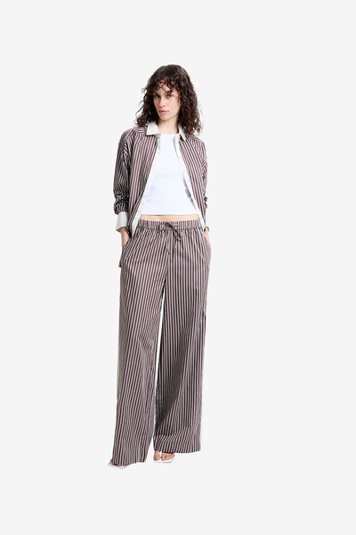 French Connection Women's Brown/Porcelain Stri Alexis Cotton Wide Leg Trouser