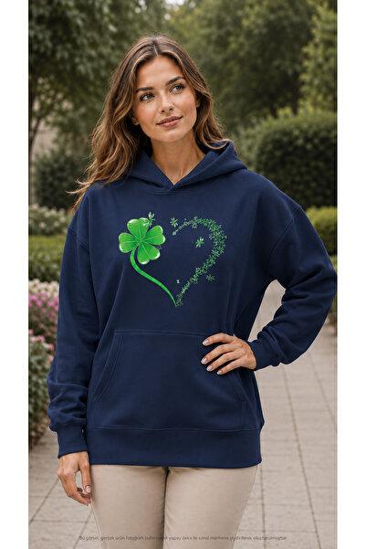 EMMODA Women's Four Leaf Lucky Clover and Floral Heart Print Hooded Kangaroo ...