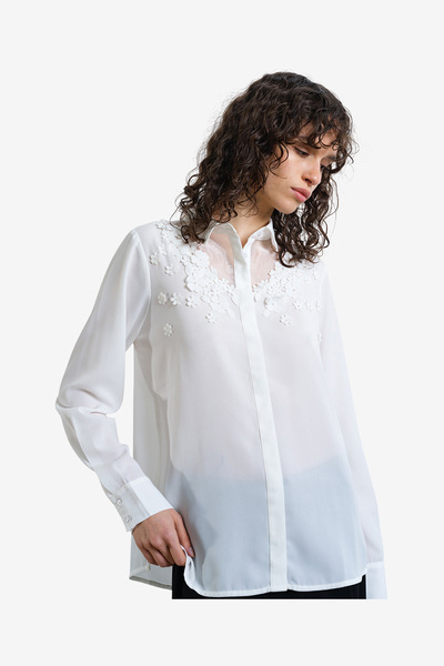 French Connection Women's Mila 3D Floral Faux Pearl Long Sleeve White Shirt