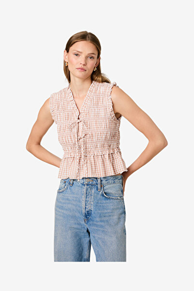 French Connection Women's Petit Ging Almnd Nde Rhodes Pop Ginghm Fltr Slv Top